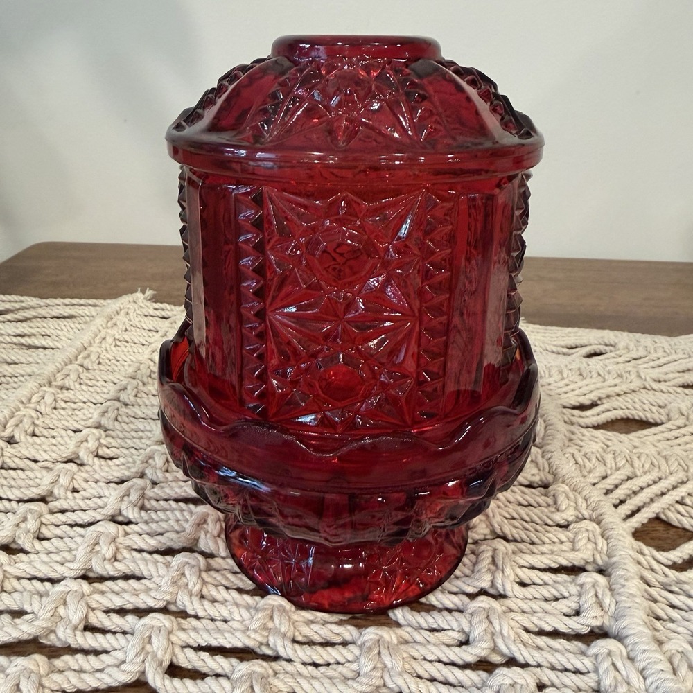 Vintage Indiana Glass Stars & Bars Ruby Red Flashed Fairy Lamp Red